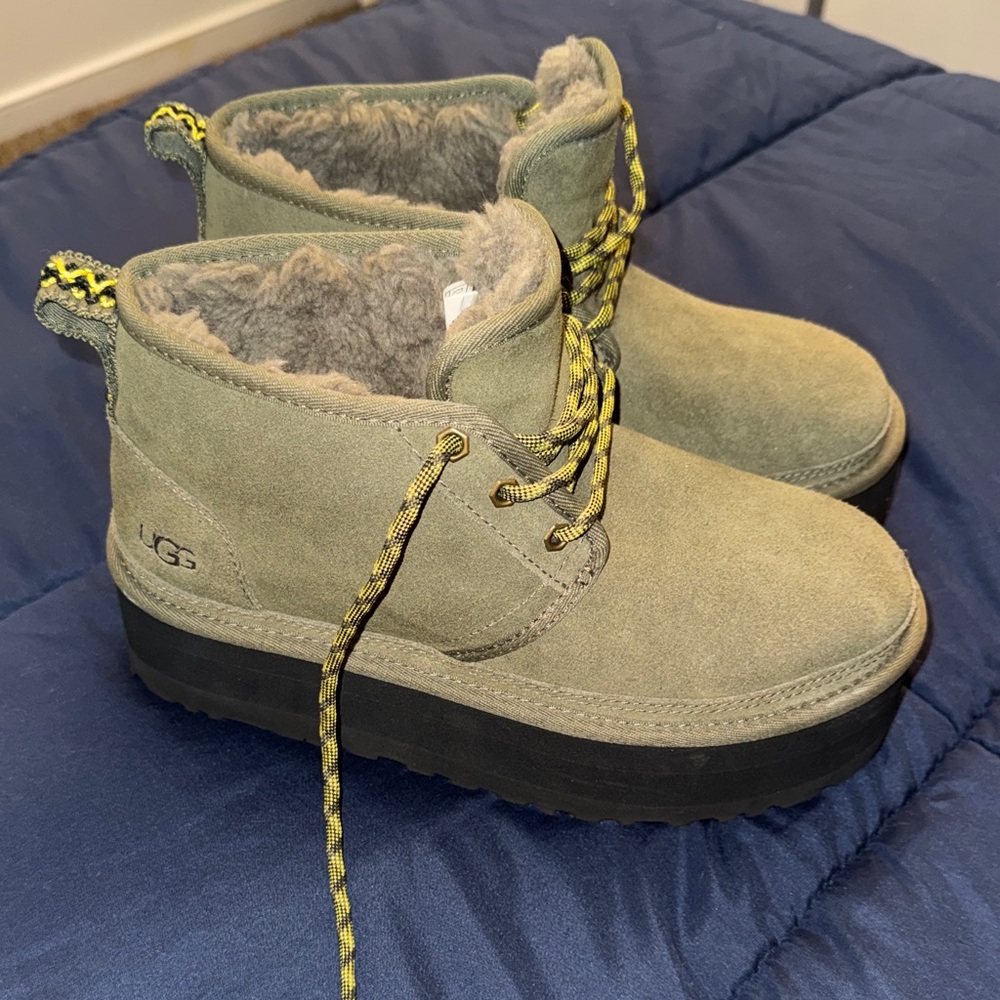 UGG Olive Green Suede Shearling-Lined Lace-Up Platform Boots